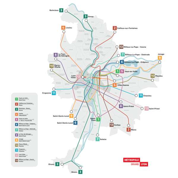 Cartographie du réseau des Voies Lyonnaises (13 lignes à horizon 2030) sur le territoire de la métropole de Lyon